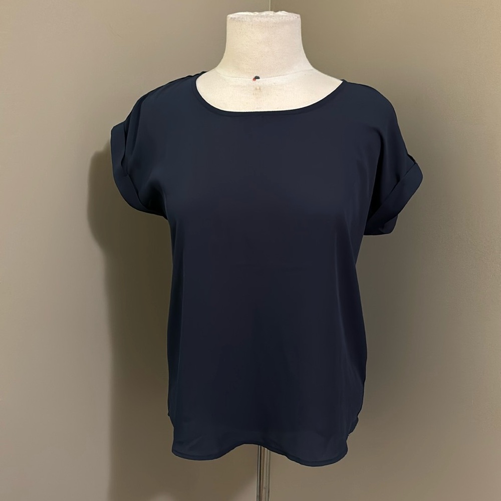Pink Rose Shirt Sleeve Navy Blouse Size Medium